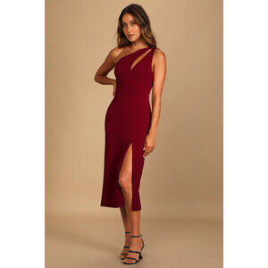 Lulus Cocktail Club Burgundy One-shoulder Midi Dress Red - Size M